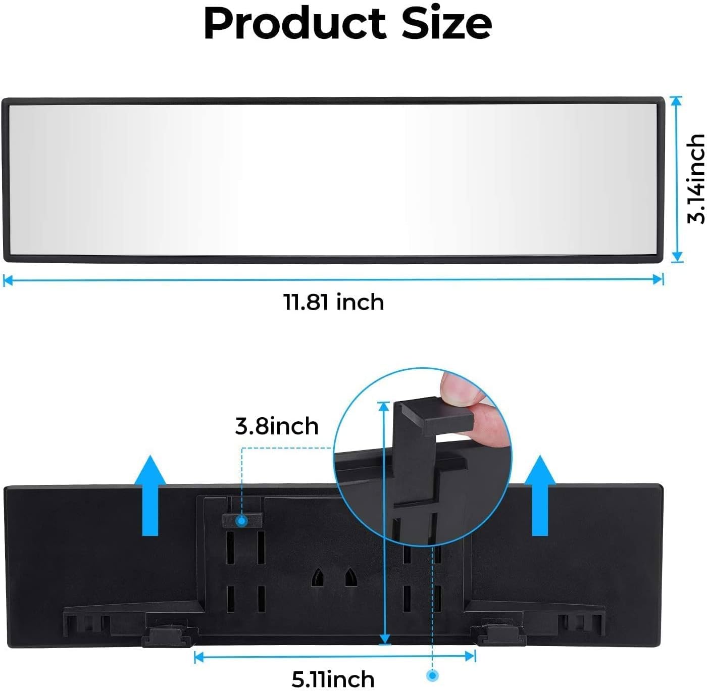QUADRA™ Rear View Mirror, Universal 11.81 Inch Panoramic Convex Interior Clip-on Wide Angle Mirror to Reduce Blind Spot Effectively for Car SUV Trucks -Clear