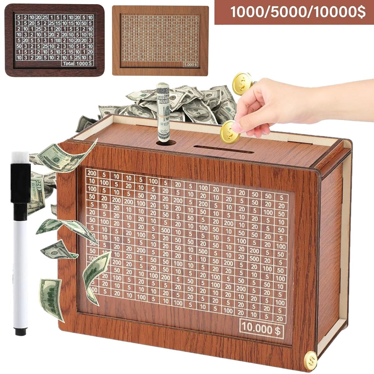 Cash Vault Wooden Savings Box Wooden Cash Saver Money Saving Box with Countdown