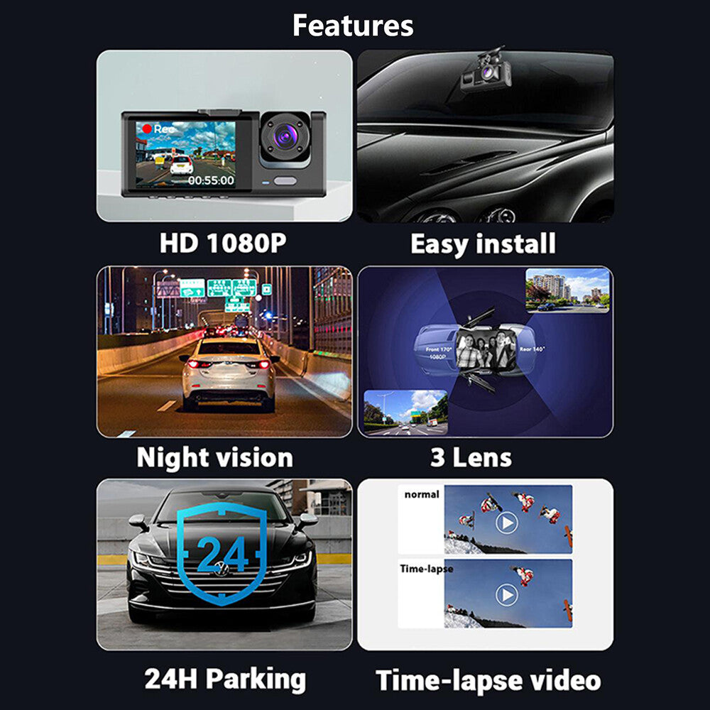 HD 1080P Car Dual Lens Dash Cam Front Rear inside Video Recorder Camera G-Sensor