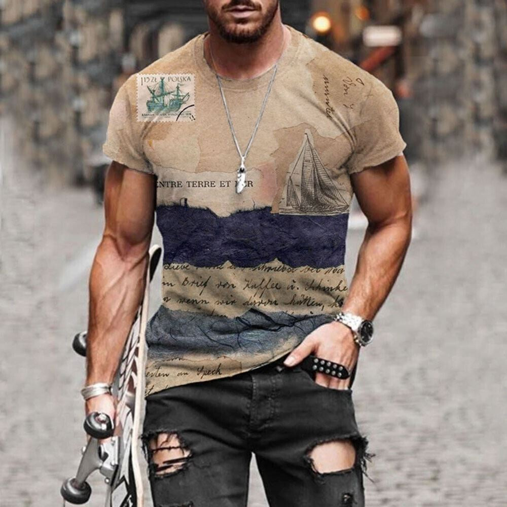 Mens T-Shirt Vintage Short Sleeve Blouse Summer Casual Fitness Tops Tee 2022 US