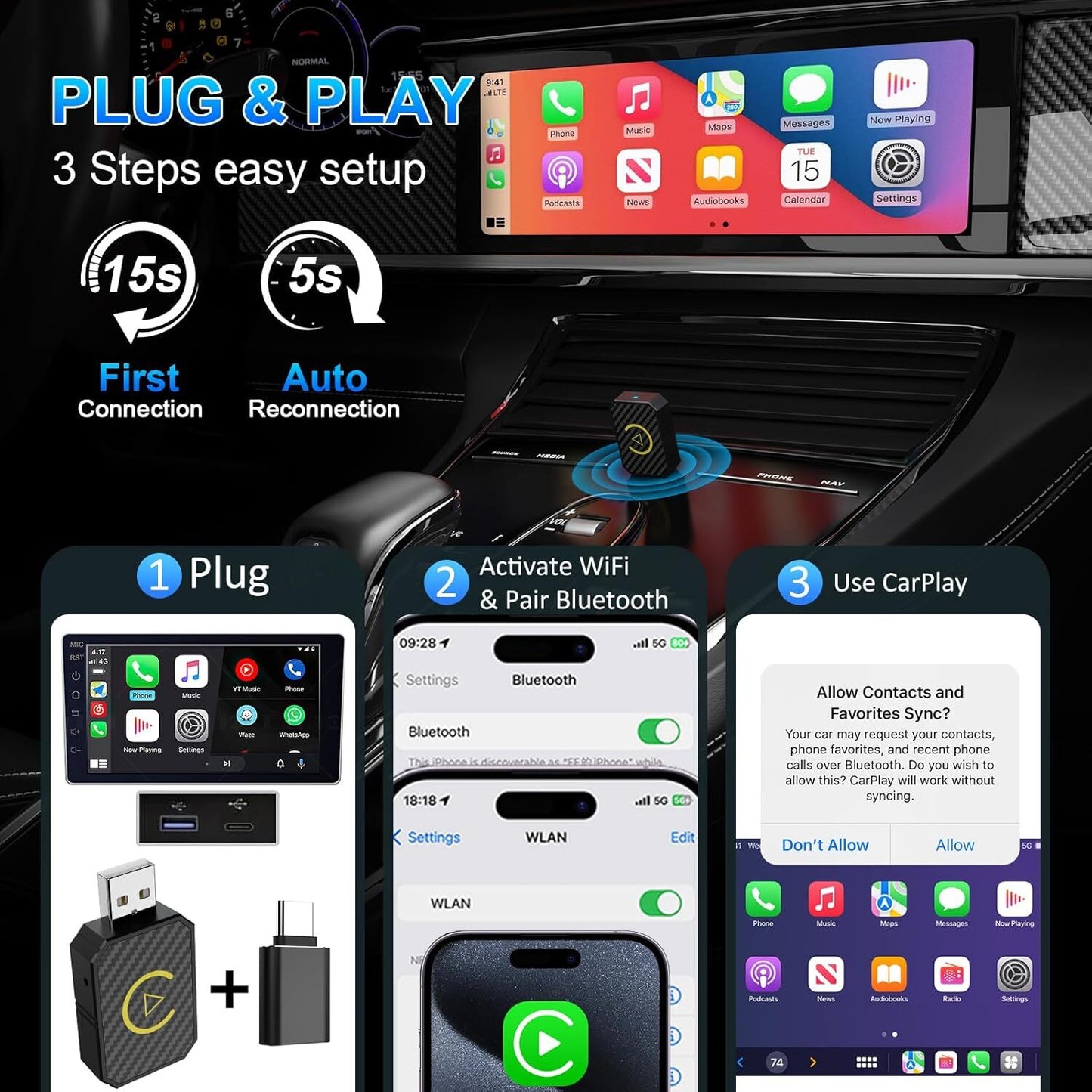 Mini Wireless Carplay Adapter for Apple Plug & Play Low Latency Converts Wired