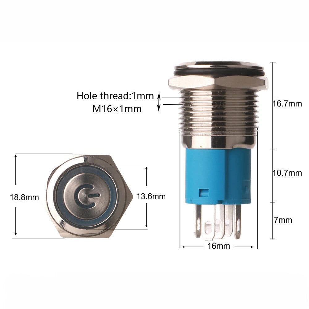 Latching Push Button Power Switch 16Mm 12V LED on off Waterproof Stainless Steel