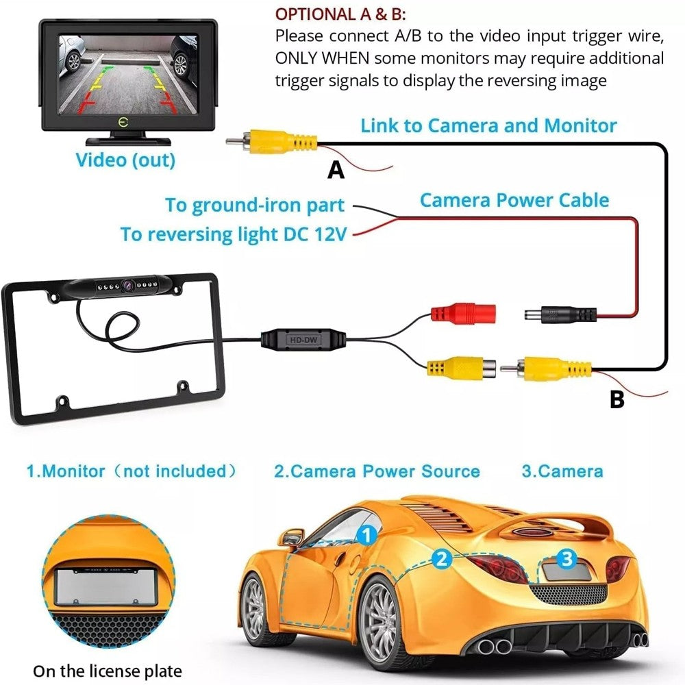 Backup Camera US License Plate Metal Frame Rear View CMOS HD LED Night Vision