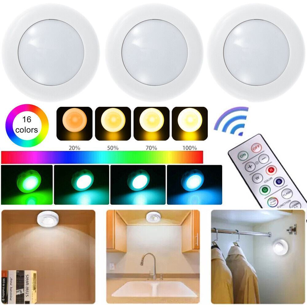 3PCS LED Puck Light Wireless under Cabinet Lighting Kit Kitchen Counter Light US