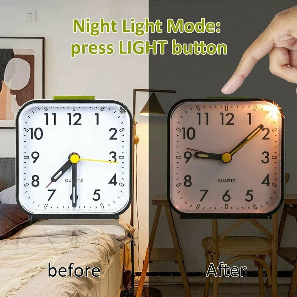 Alarm Clock LED Desk Nightlight Snooze Quiet Non Ticking Battery Powered Bedroom