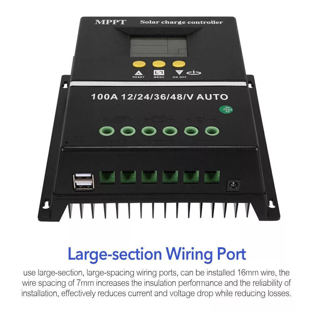 Dual USB 100A MPPT Solar Charge Controller 12V 24V 36V 48V PV Battery Regulator