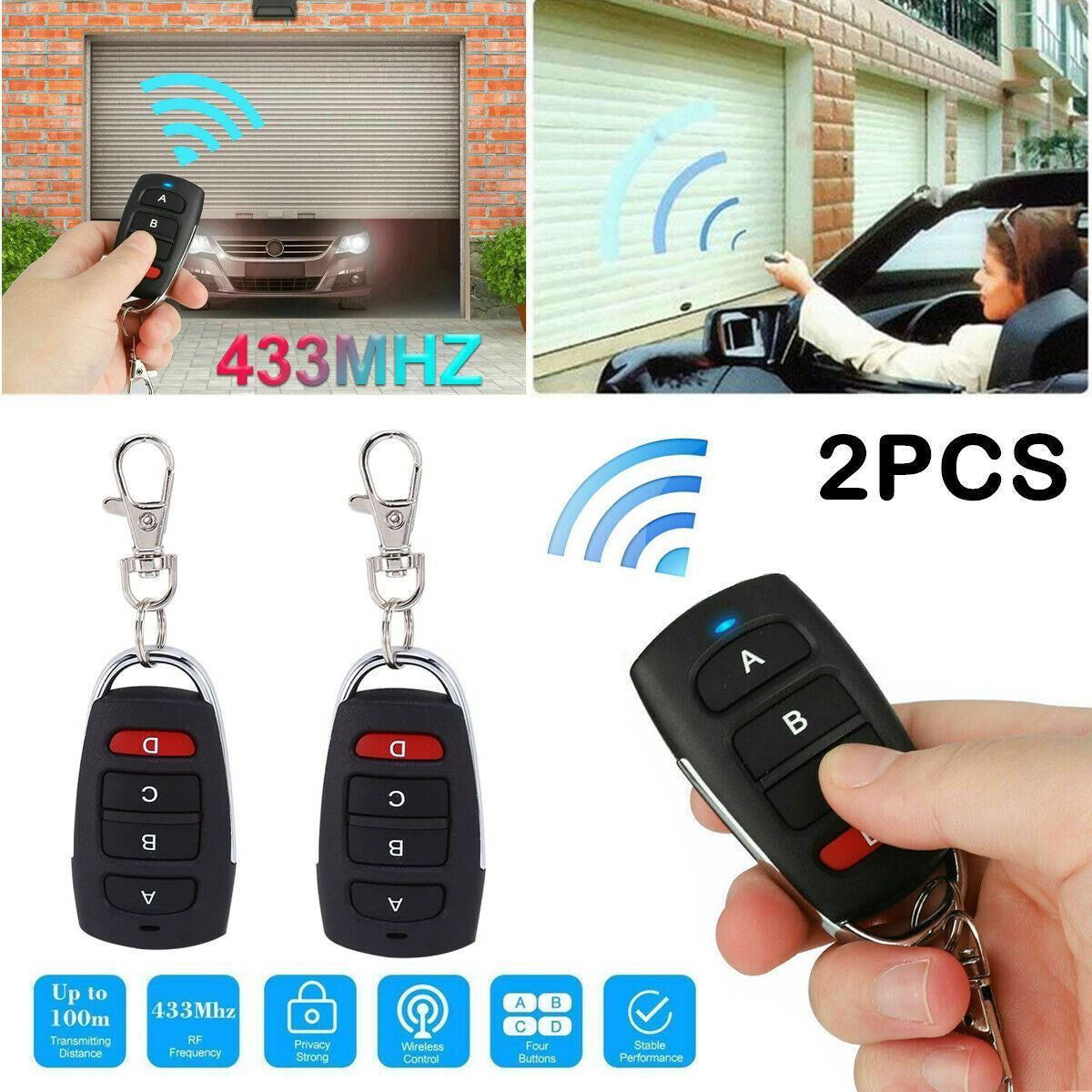 2PCS Universal Garage Door Remote 433Mhz Electric Cloning Control Key Fob Opener