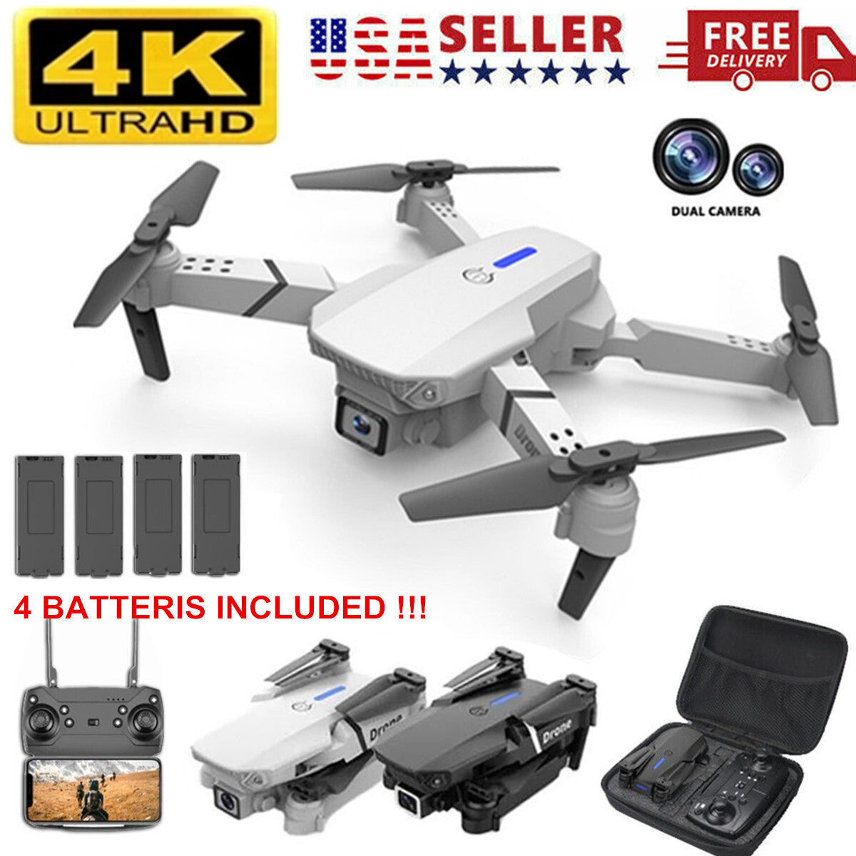 RC Drone with 4K HD Dual Camera Wifi FPV Foldable Quadcopter + 4 Battery 2023 US
