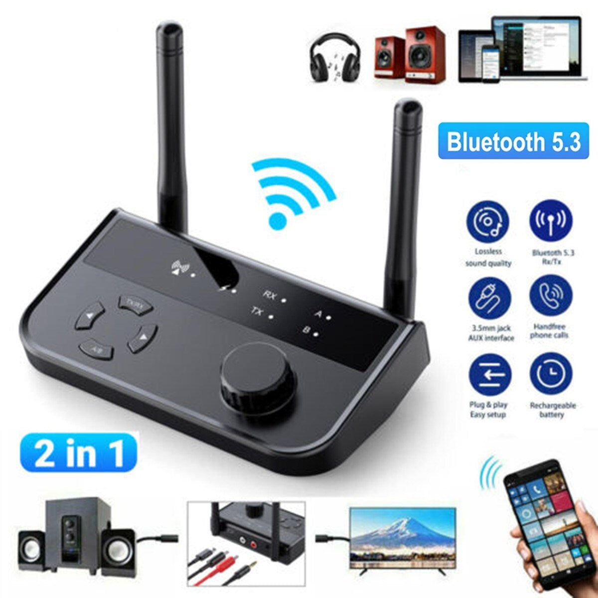 Bluetooth 5.3 Transmitter Receiver Long Range for TV Home Stereo Audio Adapter