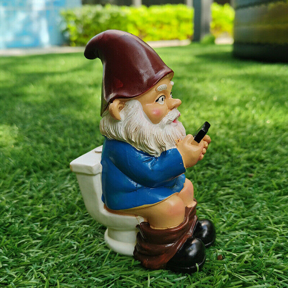 3D Dwarf Toilet Play Phone Statue Garden Gnome Resin Doll Figurines Crafts USA