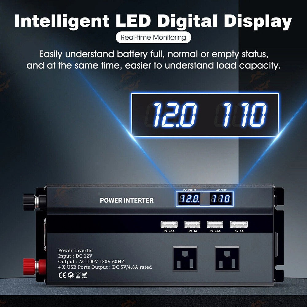 6000W Solar Converter Car Power Inverter DC 12V to AC 110V LCD Sine Wave Home RV