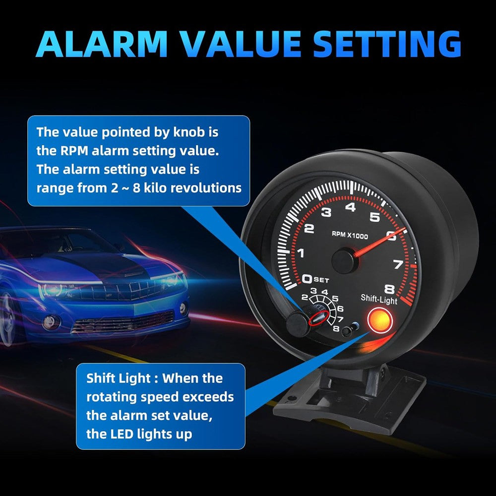 12V 3.75" Universal Car Tachometer Gauge Meter with LED Shift Light 0-8000RPM