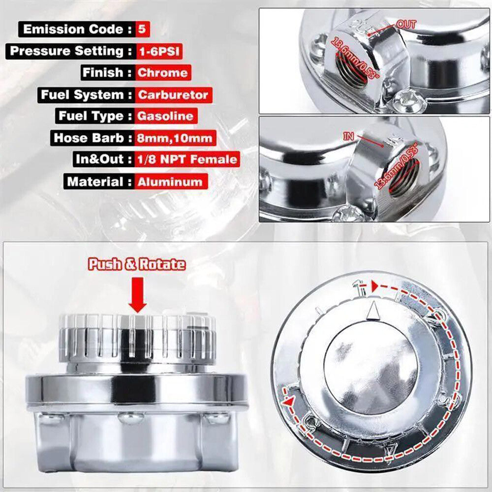1-6 PSI Pressure Regulator Universal Adjustable Fuel Kit for Carburetor Engine