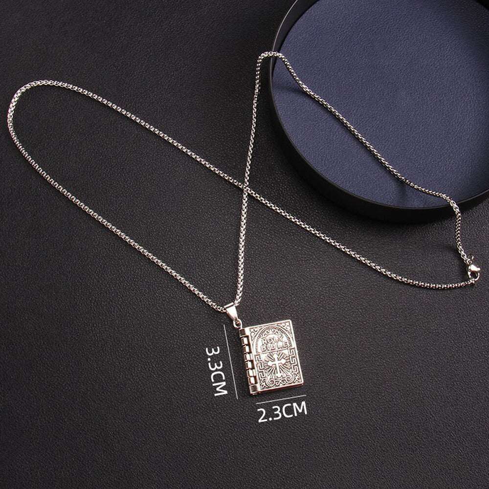 Bible Book Pendant Necklace Vintage Silver Cross Unique Jewelry for Men Women US
