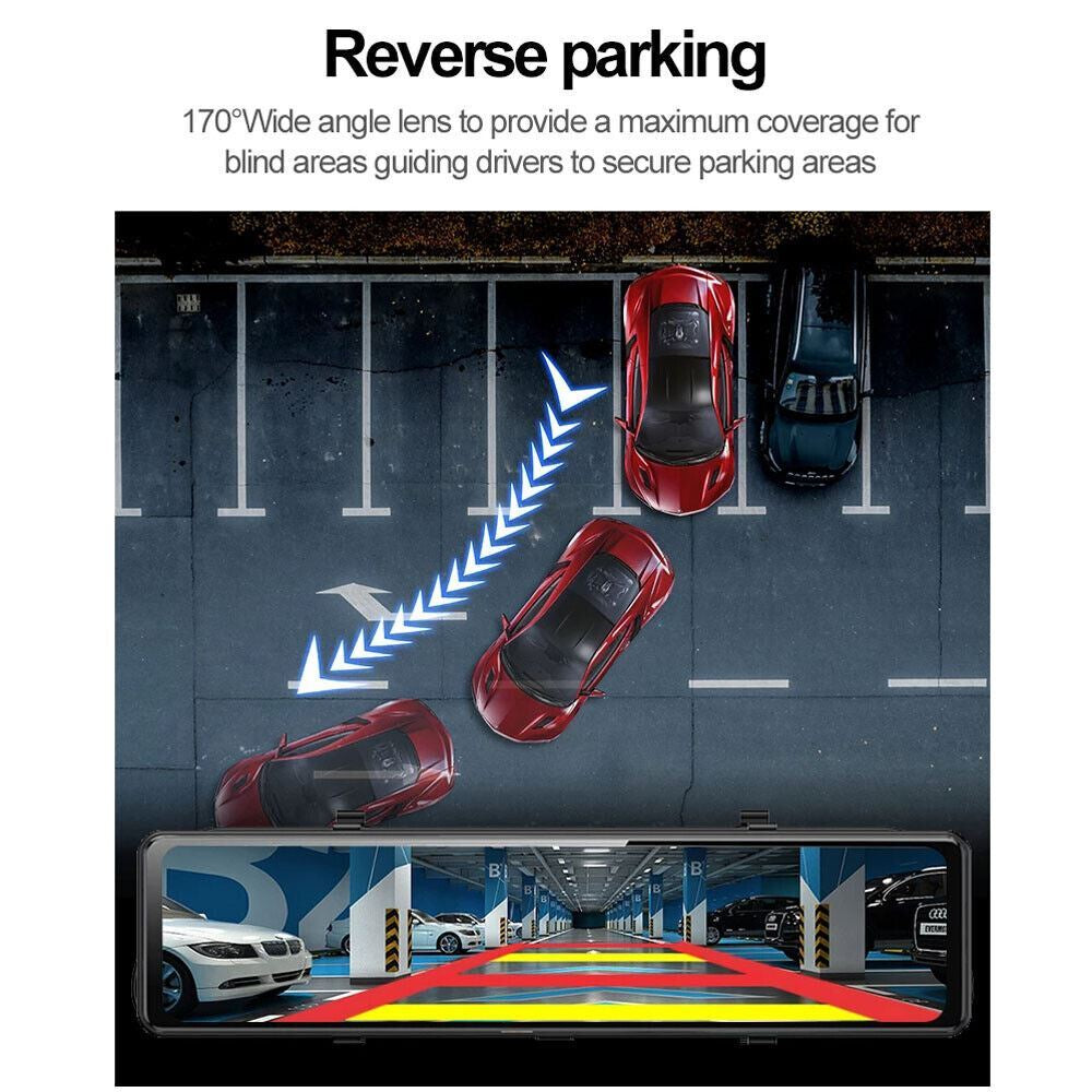 4K 12" Dash Cam Mirror GPS Wifi Voice Control Car Rear View Backup Dual Camera