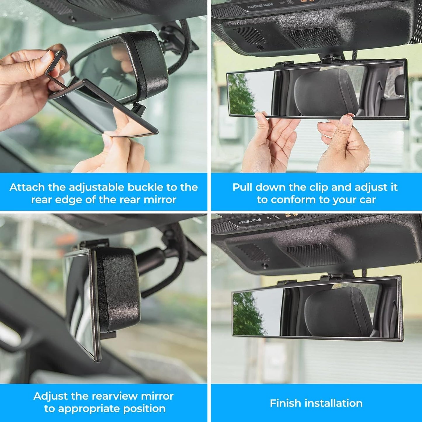 QUADRA™ Rear View Mirror, Universal 11.81 Inch Panoramic Convex Interior Clip-on Wide Angle Mirror to Reduce Blind Spot Effectively for Car SUV Trucks -Clear