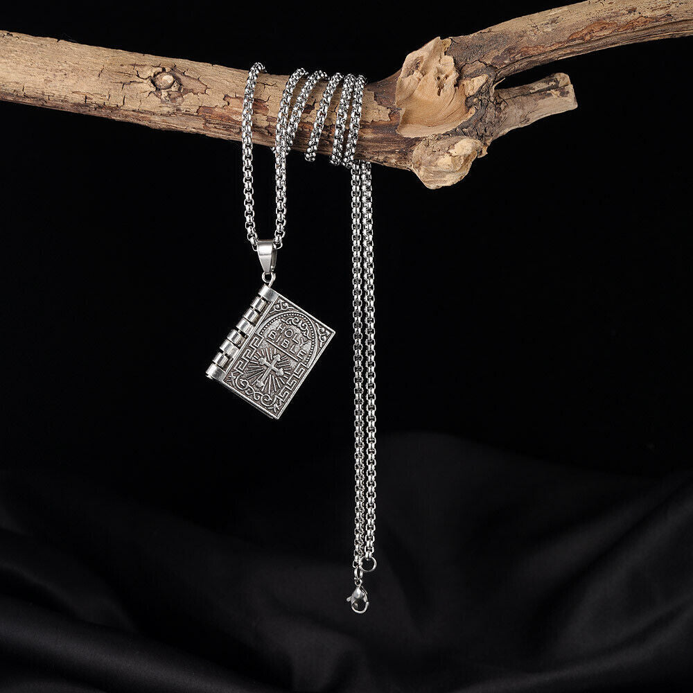 Bible Book Pendant Necklace Vintage Silver Cross Unique Jewelry for Men Women US