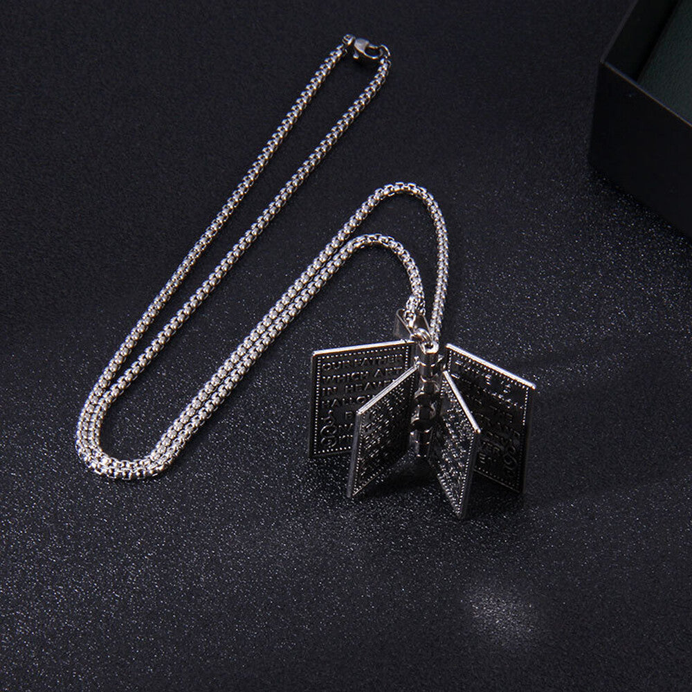 Bible Book Pendant Necklace Vintage Silver Cross Unique Jewelry for Men Women US