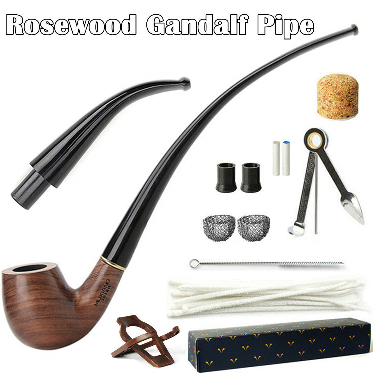 Rosewood Churchwarden Gandalf Pipe Long Stem Bent Tobacco Pipe with Accessories