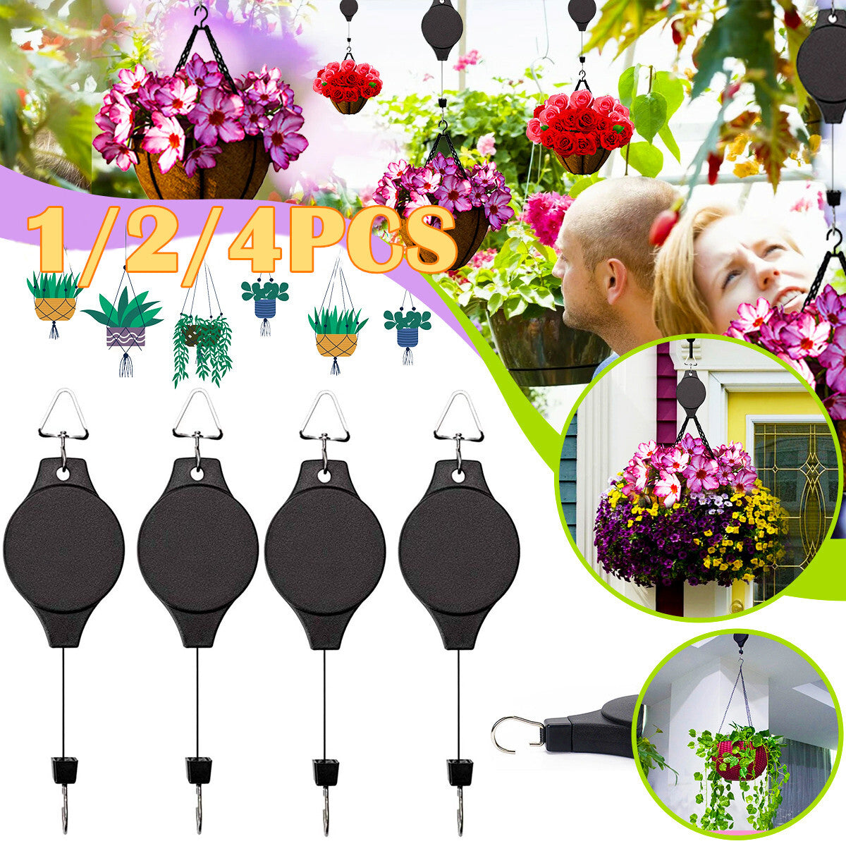 1/2/4 PCS Retractable Pulley Hook Hanging Pull down Hanger Garden Flower Plant