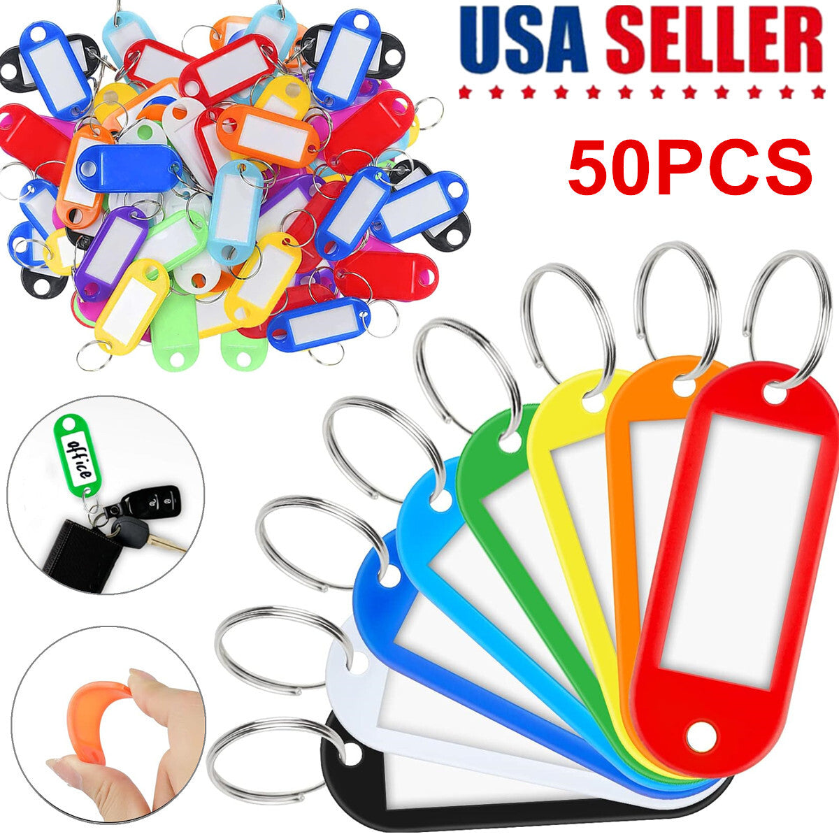 50PCS Key Tags Plastic W/ Split Ring Luggage Fobs ID Card Name Label Keychain US
