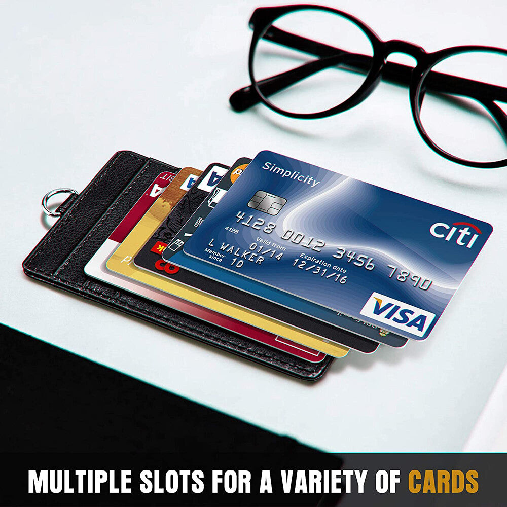 Vertical Leather ID Card Holder Badge Wallet Pocket W/6 Slot Neck Strap Lanyard