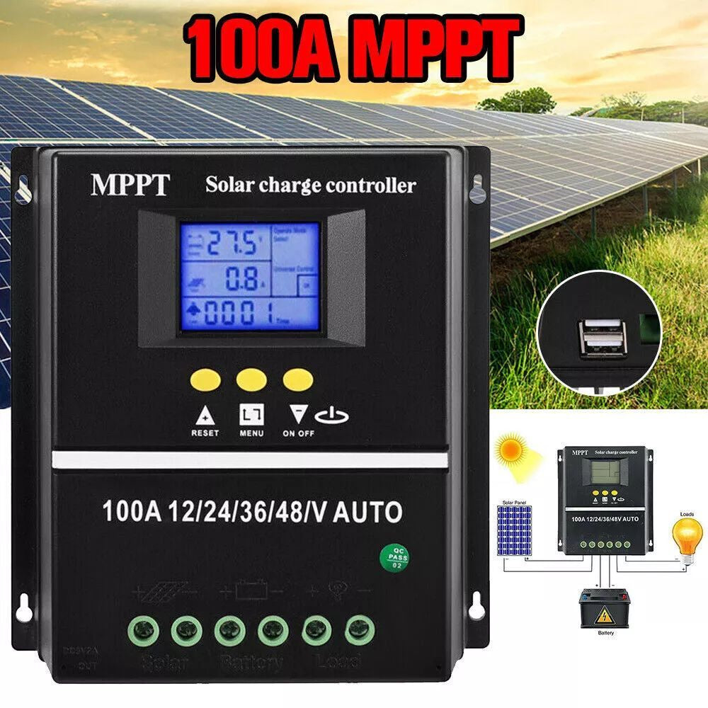 Dual USB 100A MPPT Solar Charge Controller 12V 24V 36V 48V PV Battery Regulator