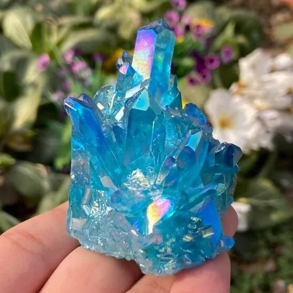 80-100G Titanium Aura Blue Crystal Rock Rainbow Healing Cluster Geode Decor Gift