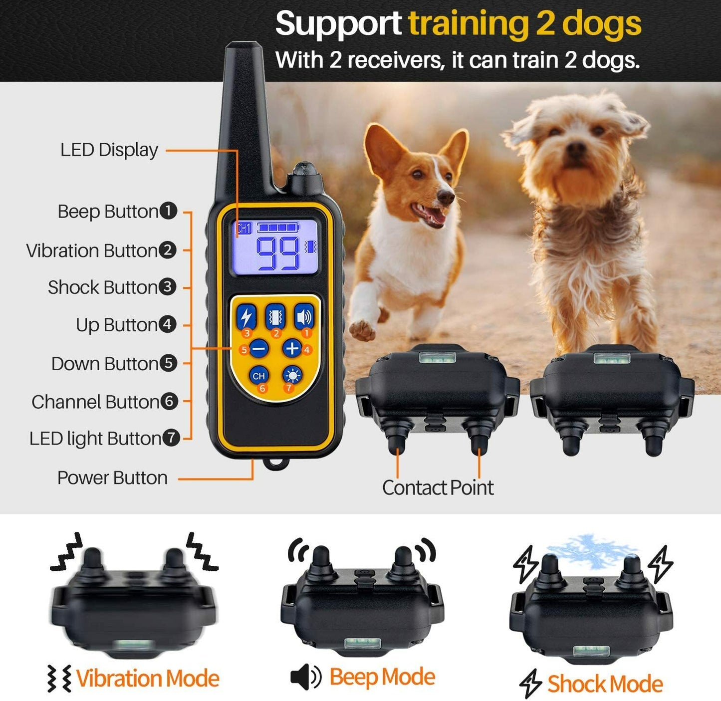 2 Collar Set 2600 FT Remote Dog Shock Training Rechargeable Waterproof LCD Pet
