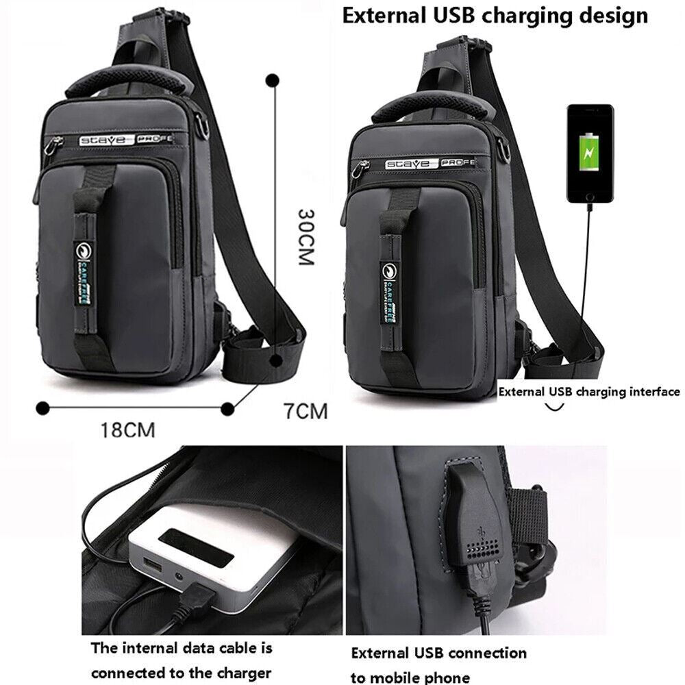 Anti-Theft Men'S Sling Crossbody Bag Chest Shoulder Messenger Backpack USB Port