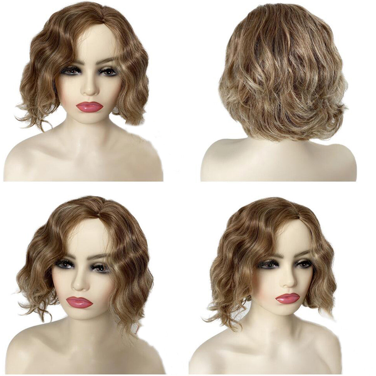 10 Inch Women Short Blonde Curly Wavy Bob Wig Bangs Fluffy Cosplay Party Real US