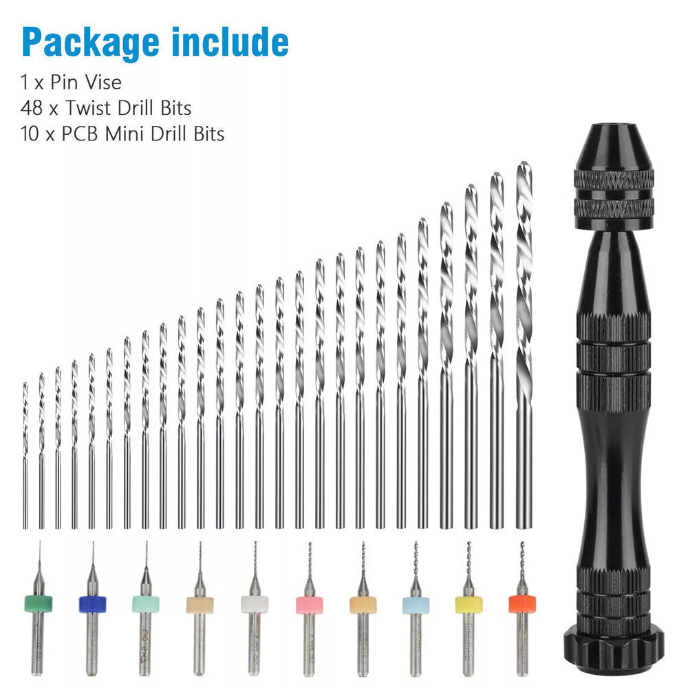 59 PCS Twist Drill Bits Set Mini Micro Hand Rotary Precision Pin Vise Tools Kit