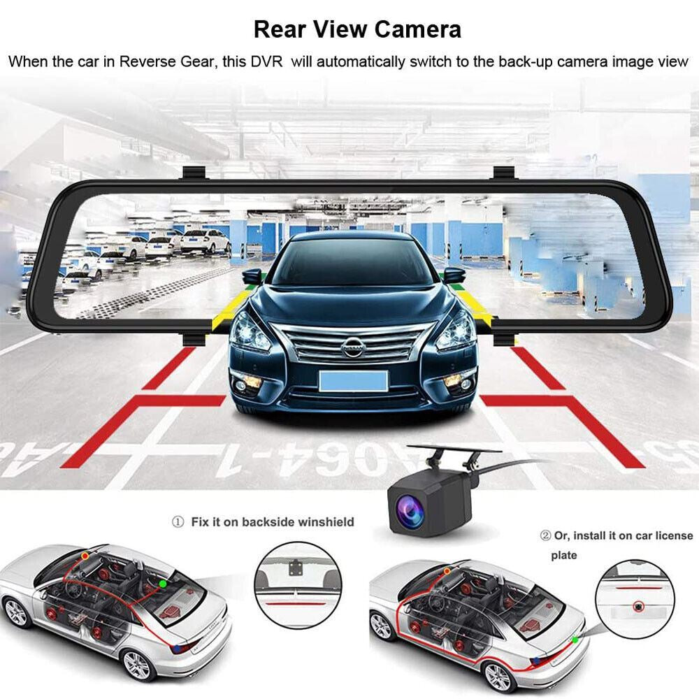 4K 12" Dash Cam Mirror GPS Wifi Voice Control Car Rear View Backup Dual Camera