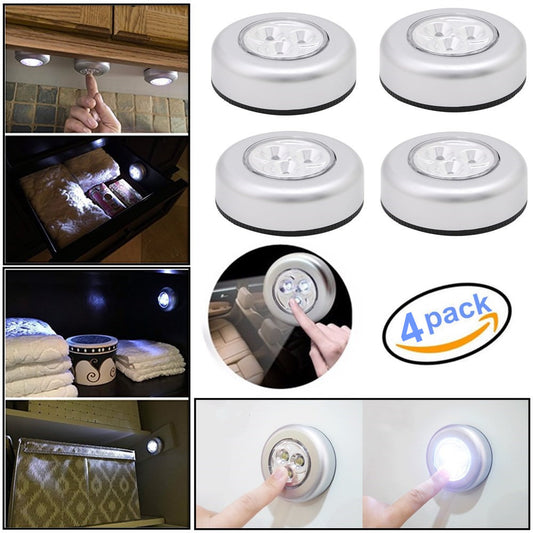 4 PCS 3 LED Touch Push On/Off Light Self-Stick on Click Battery Operated Lights