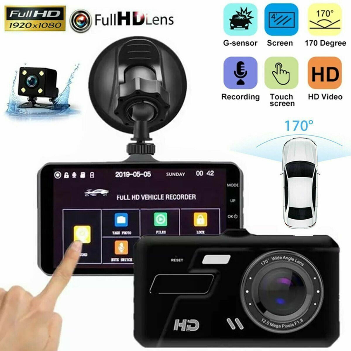 Touch Screen Dash Cam 4" 1080P Dual Lens Car DVR Recorder Front and Rear Camera