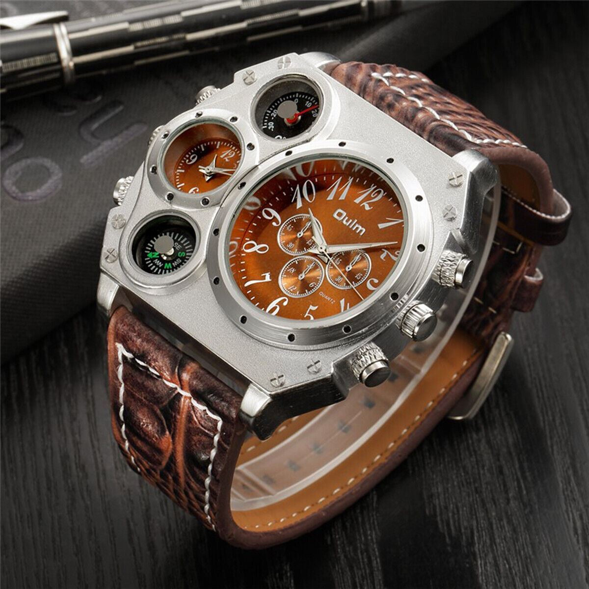 Two Time Zones Men Army Sports Fashion Big Dial Leather Strap Quartz Wrist Watch