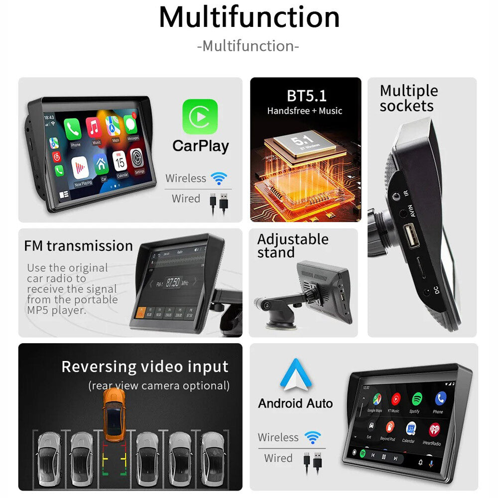 7" Portable Wireless Car Stereo with Carplay Android Auto Play FM & Backup Cam