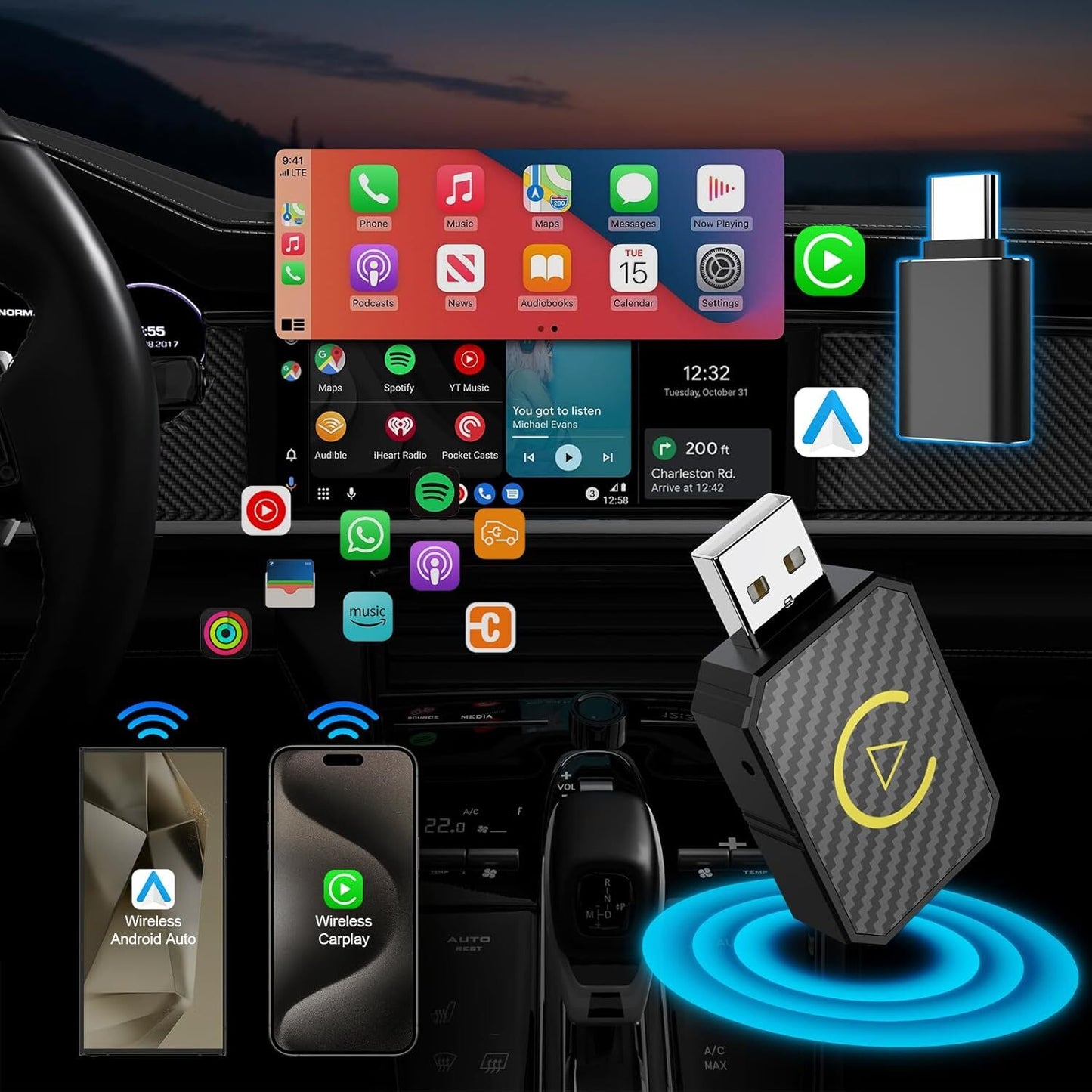 Mini Wireless Carplay Adapter for Apple Plug & Play Low Latency Converts Wired