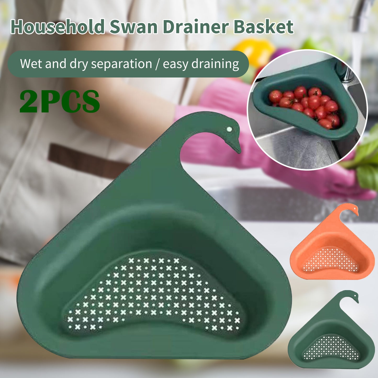 2 PCS Kitchen Sink Rack Strainer Basket Filter Swan-Shaped Drain ORANGE+GREEN US
