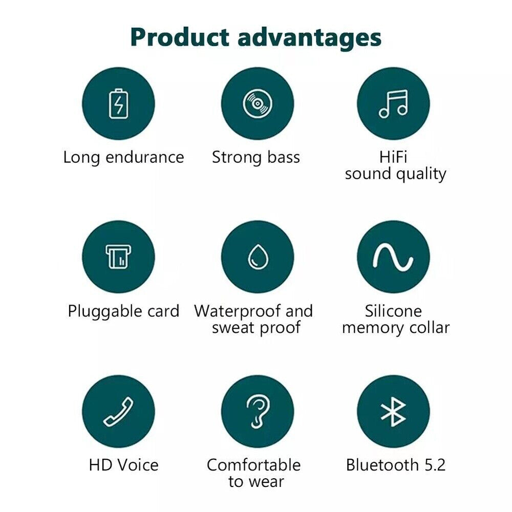 Wireless Bluetooth 5.2 Neckband Headphones Mic Headset Stereo Earbuds Earphone