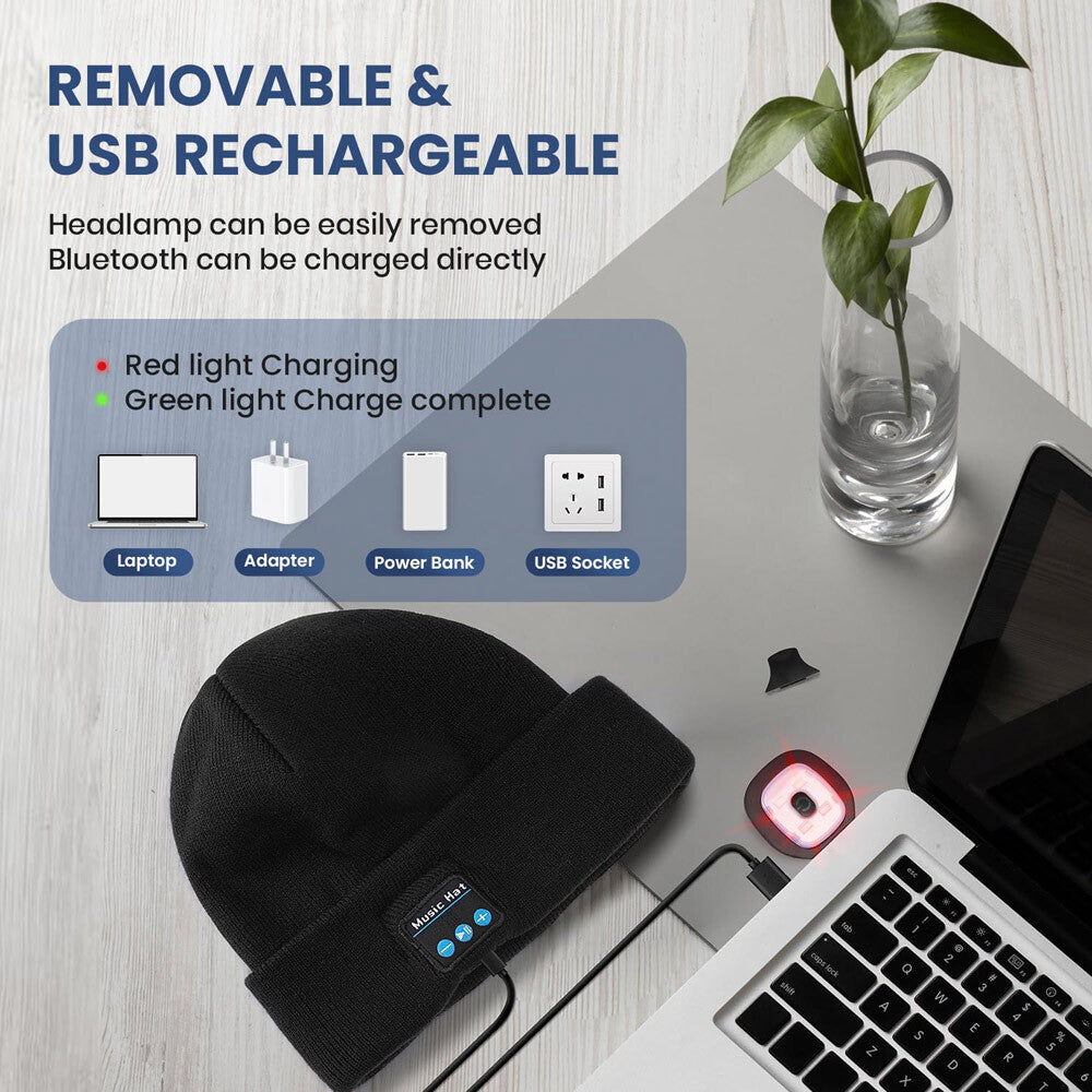 Bluetooth LED Beanie Hat with Music Speakers Mic Rechargeable Cap Head Lamp Gift