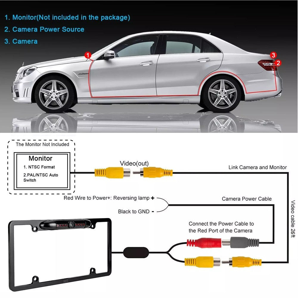 Backup Camera US License Plate Metal Frame Rear View CMOS HD LED Night Vision