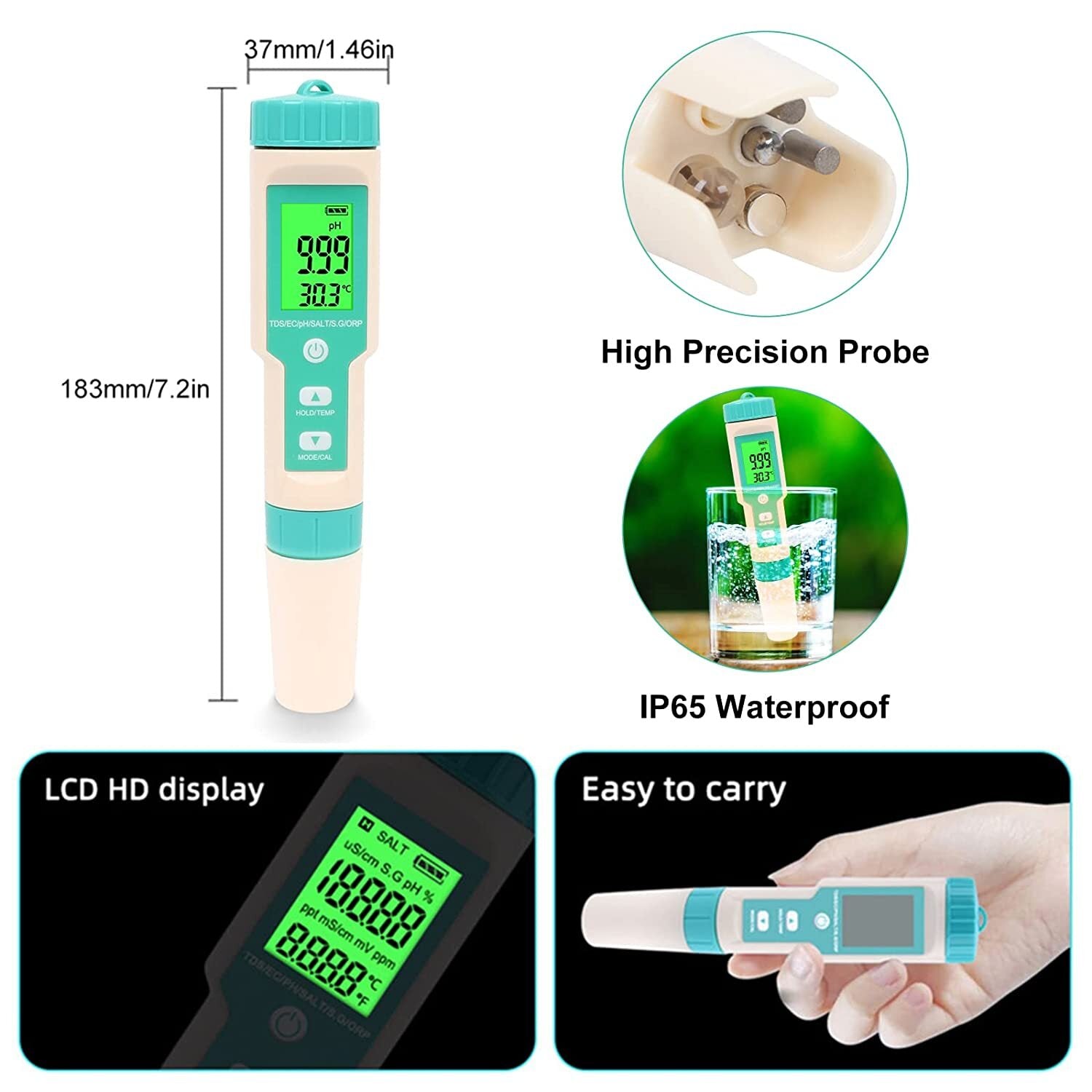 Water Quality Tester Meter Pen 7 in 1 Digital LCD PH/TDS/EC/ORP/