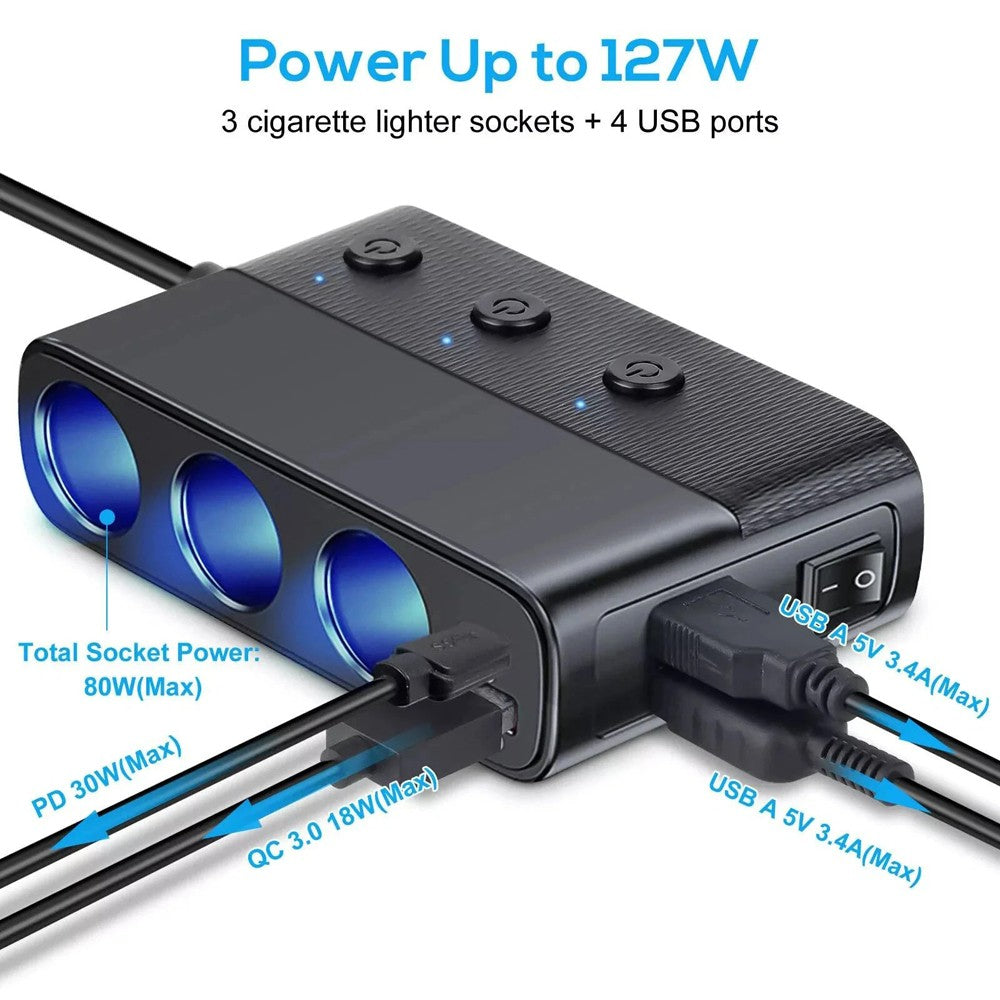 Quick Charge 3-Way Car Cigarette Lighter Socket Splitter 7 in 1 Power Adapter US