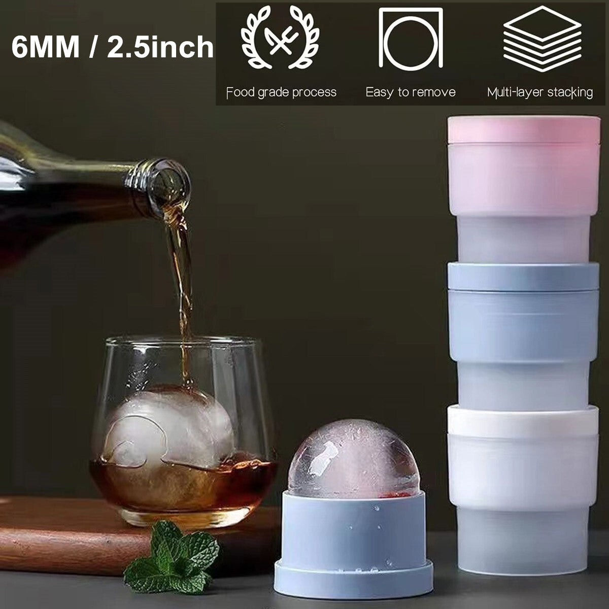 Slow-Melting Stackable Large Ice Cube Mold Maker for Whisky Cocktails Beverage