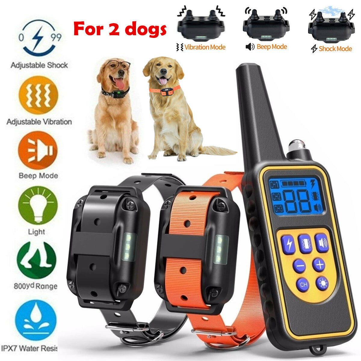 2 Collar Set 2600 FT Remote Dog Shock Training Rechargeable Waterproof LCD Pet