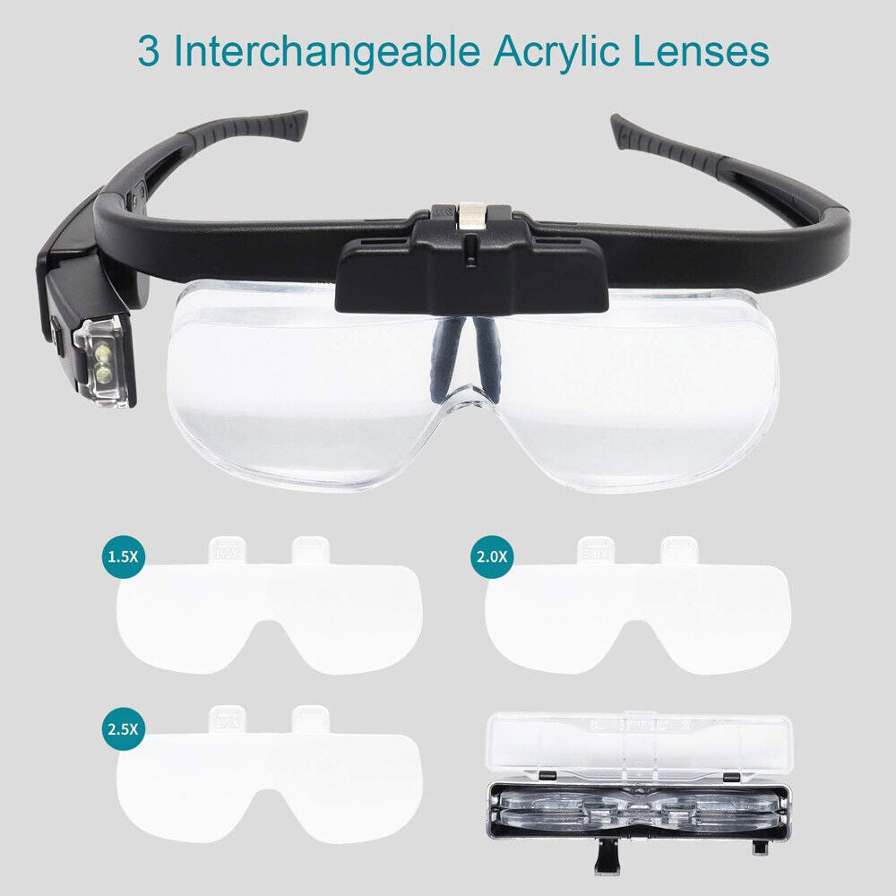 LED Jewelers Magnifying Glasses Headband Magnifier Illuminated Visor with 3 Lens