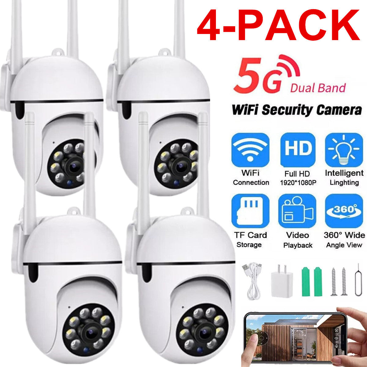 1-4Pack Wireless 5G Wifi Security Camera System Smart Outdoor Night Vision 1080P
