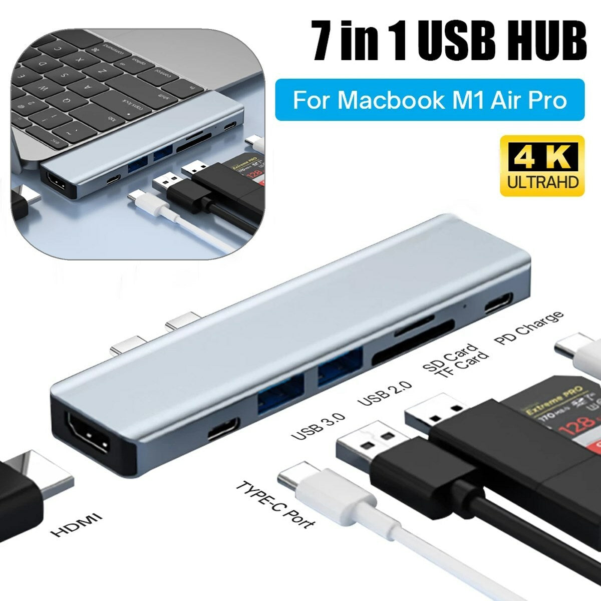 7 in 1 USB C Hub USB 3.0 to Type C 4K HDMI Adapter for Macbook Pro Air 7 Ports