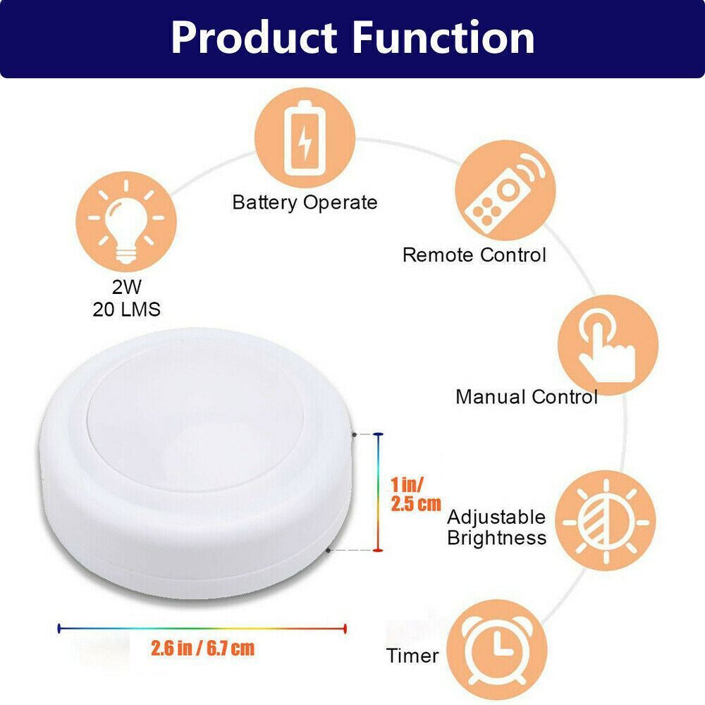 3PCS LED Puck Light Wireless under Cabinet Lighting Kit Kitchen Counter Light US